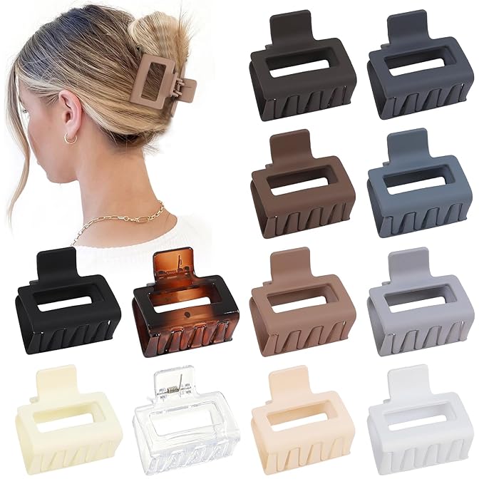 2 Inch Medium Hair Claw Clips 12 Pcs Square Hair Clips for Thin Hair Matte Nonslip Acrylic Banana Jaw Clips Bulk Hair Accessories for women and Girls - Neutral
