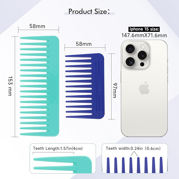One large, one small, two-piece Wide Tooth Comb，No Handle Detangler Accessories，Large Hair Detangling Comb for Curly, Straight,Wet Dry Hair(Green,Bright Blue)