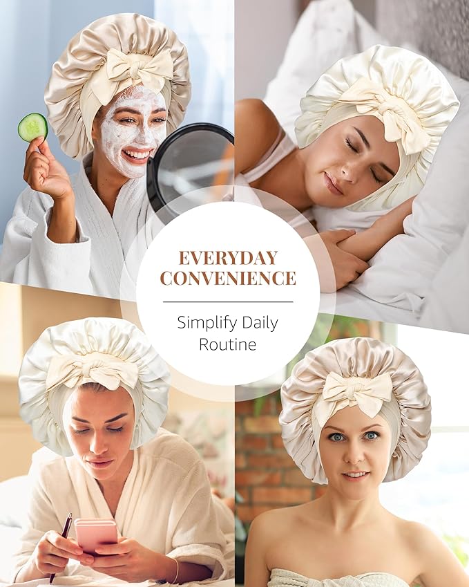 AWAYTR Silk Bonnet for Sleeping Women 100% Mulberry Silk Bonnet with Band 2 Layer Reversible Hair Bonnet Sleeping Hair Wrap (Champagne/Beige)