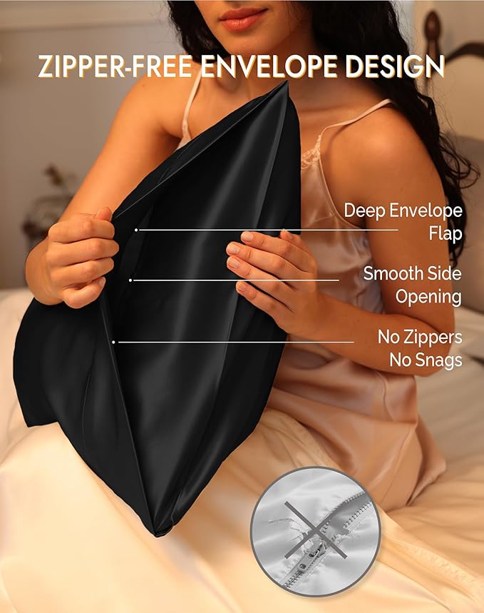 SilkSilky 100% Mulberry Silk Pillowcase - Pure 22 Momme High-Grade 6A Fibers for Hair & Skin, Envelope Closure, Natural, Organic, Breathable & Cooling Pillow Case (Queen, Black)