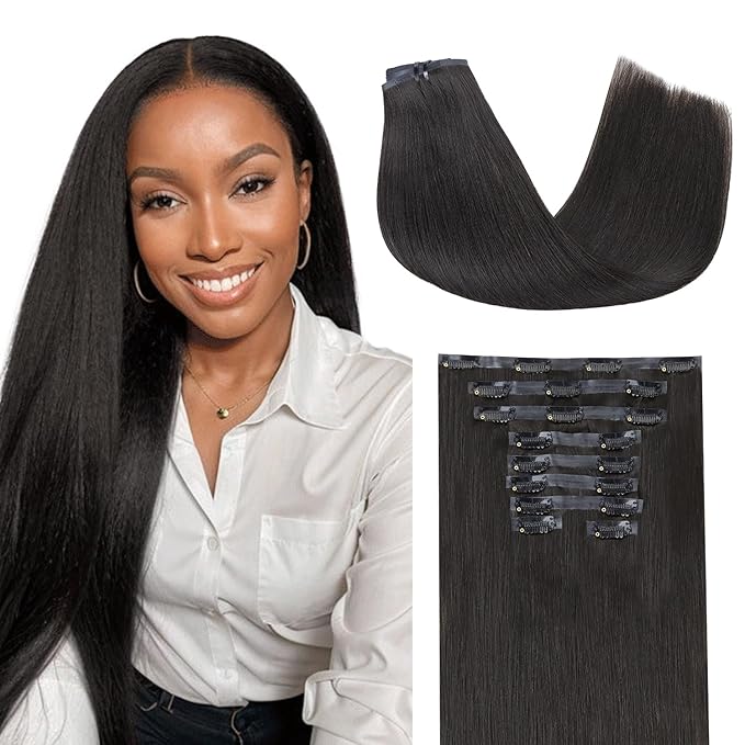 Lashey Light Yaki Straight Seamless Clip in Hair Extensions Human Hair 130g 9pcs 18 Inch Natural Black Clip in Hair Extensions for Women PU Clip ins with Invise Edge