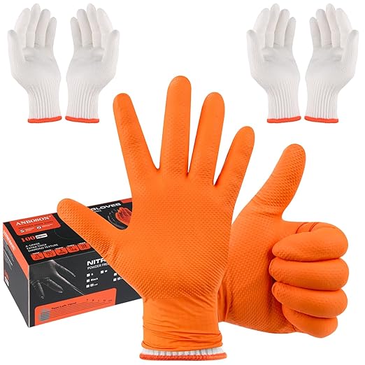 BBQ Gloves for Grilling Disposable Heat Resistant - 100 Nitrile Gloves + 4 Reusable Cotton Liners for Cooking Smoker -Orange XLarge