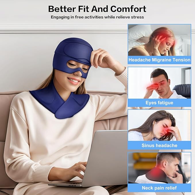 Migraine Relief Cap and Neck Ice Pack Wrap with Ice Eye Masks,3 in 1 Detachable Hot and Cold Therapy Headache Relief Cap for Headaches, Stiff Neck,Eye Fatigue, Tension and Pain Blue