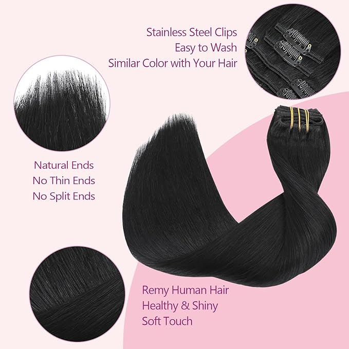 PINKPEARL Clip in Hair Extensions Real Human Hair #1 Jet Black Human Hair Extensions Clip ins 20 inch Extensions Human Hair Clip 120g 7pcs Straight Thick Natural Human Hair(#1-20)