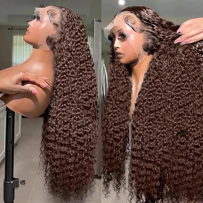 13x6 SKINLIKE Real HD Lace Frontal Wigs 250% Density Chocolate Brown Deep Curly Lace Front Wigs Human Hair 0.10mm Ultra-thin HD Lace Pre-Plucked with Baby Hair Brazilian Wig 22 Inch