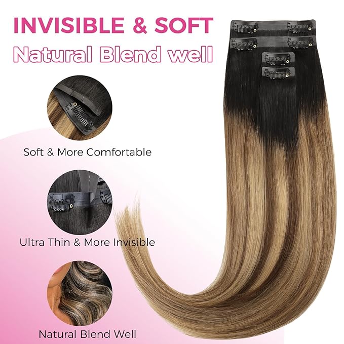 Lashey Seamless Clip in Hair Extensions 4pcs 46g Ombre Balayage Ash Brown to Honey Blonde Clip in Hair Extensions Human Hair with Highlighted Effect 18 Inch Straight Human Hair