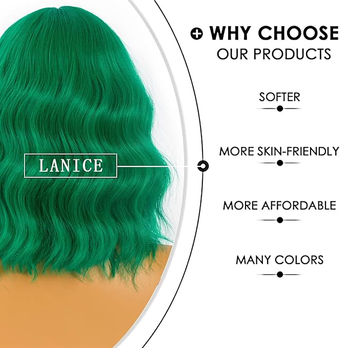 LANICE Green Wig for Women Short Bob Wigs with Bangs Natural Synthetic Wig Shoulder Length Colorful Wigs for Daily PartyUse(12inch,Green)