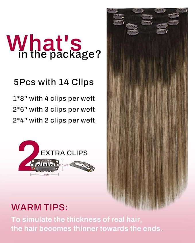 Moresoo 14 inch Clip in Hair Extensions Human Hair Remy Double Weft Human Hair Clip in Extensions Balayage Hair Extensions for Women Ombre Dark Brown to Dark Ash Blonde with Golden Blonde 5pcs 80g
