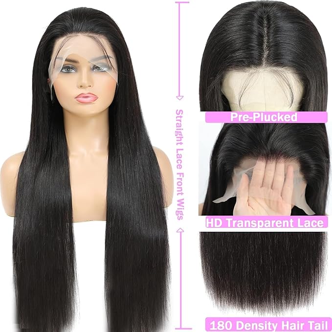 13X6 Lace Front Wigs Human Hair Pre Plucked With Baby Hair 30 Inch 180 Density Glueless Transparent HD Straight Lace Front Wigs Lace Frontal Wigs for Women Natural Black Color