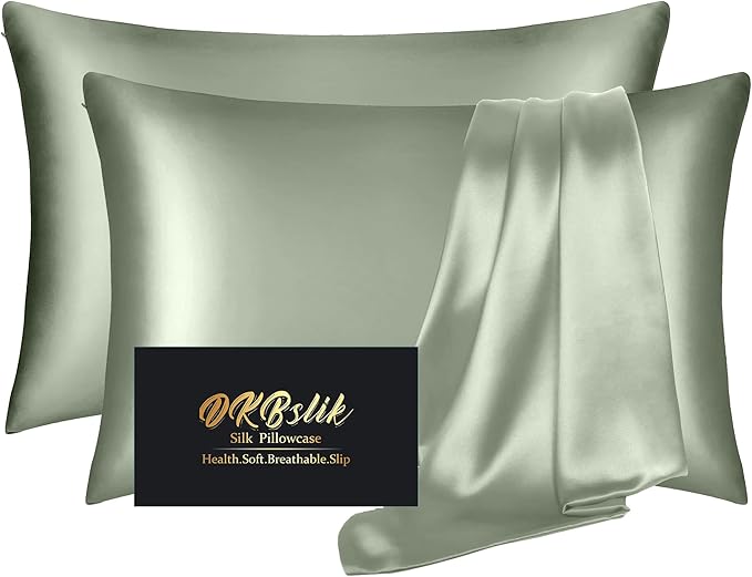 Silk Pillow Cases 2 Pack, Mulberry Silk Pillowcases Standard Set of 2, Smooth, Anti Acne, Beauty Sleep, Both Sides Natural Silk Satin Pillow Cases for Women 2 Pack with Zipper for Gift, Sage Green