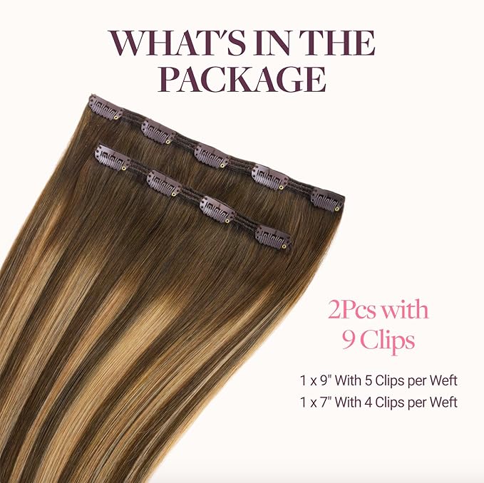 GOO GOO Clip in Hair Extensions Real Human Hair, Remy Human Hair Extensions Clip ins for Women, Natural Human Hair, 16inch 70g 2Pcs, #4/27/4 Balayage Chocolate Brown to Caramel Blonde