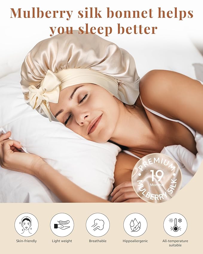 AWAYTR Silk Bonnet for Sleeping Women 100% Mulberry Silk Bonnet with Band 2 Layer Reversible Hair Bonnet Sleeping Hair Wrap (Champagne/Beige)
