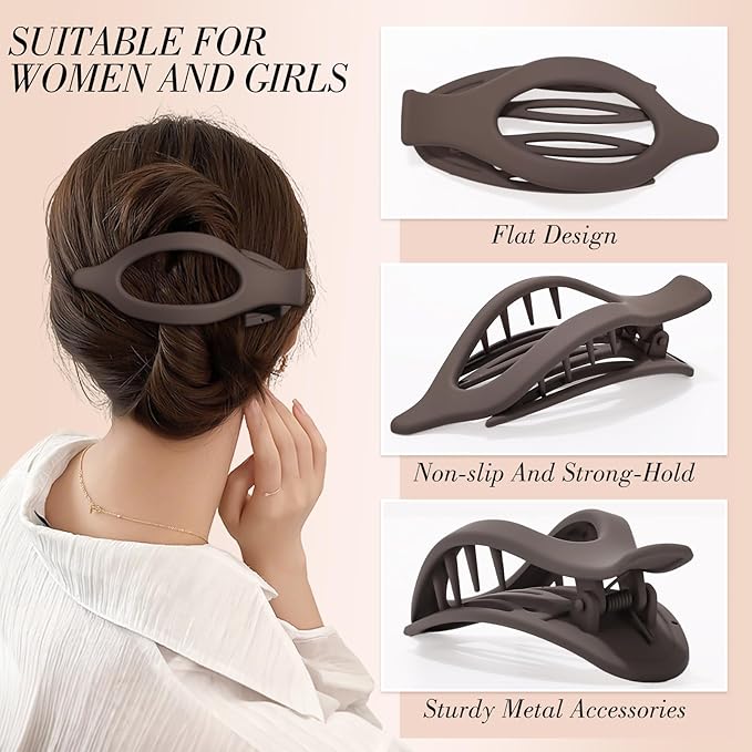 Obeoby 8 Pcs Flat Hair Clips for Women, 4 Types French Flat Claw Clips Hair Barrettes Accessories Large Medium (Off-white, Dark Brown)