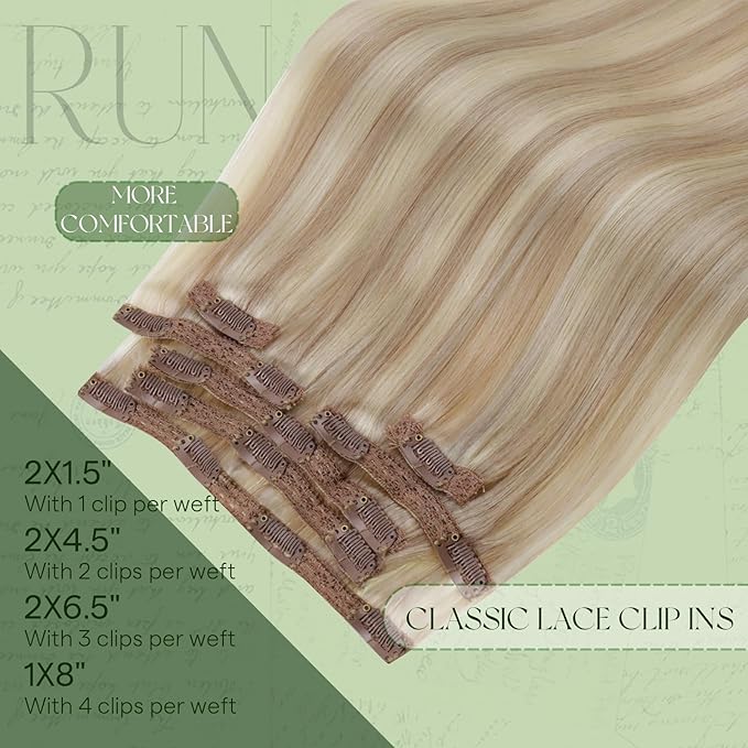 RUNATURE Blonde Hair Extensions Clip Ins, 14 Inch 120g Thick Clip in Hair Extensions Real Human Hair, Full Head Remy Brazilian Human Hair Clip Ins, Add Hair Volume, #18P60 Ash Blonde Highlights