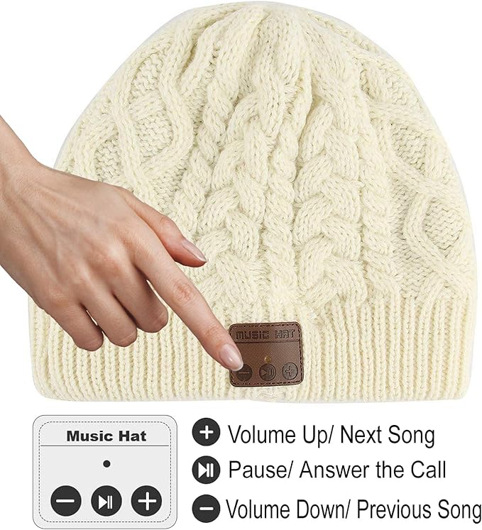 Wireless Beanie Hat for Men Women Wireless Headset Headphones Music Audio Boys Girls Winter Cap with Speaker Mic Hands Free Outdoor Sport Stereo Earphone Earpieces Warm White