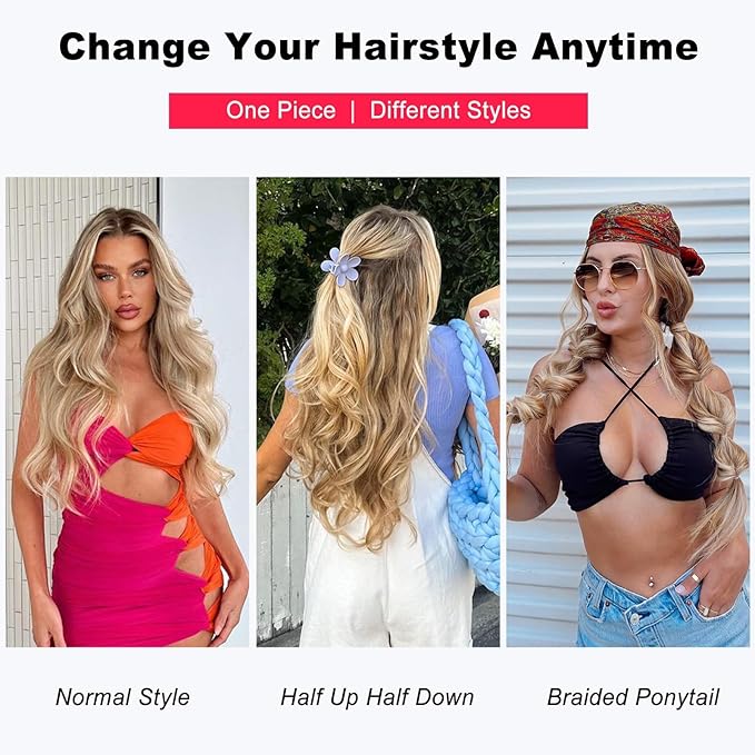 ALXNAN Long Wavy Hair Extensions for Women, Clip in Hair Extensions Clip Ins Soft Full Head Synthetic Hairpieces 20 Inch Golden Blonde Highlights Light Blonde
