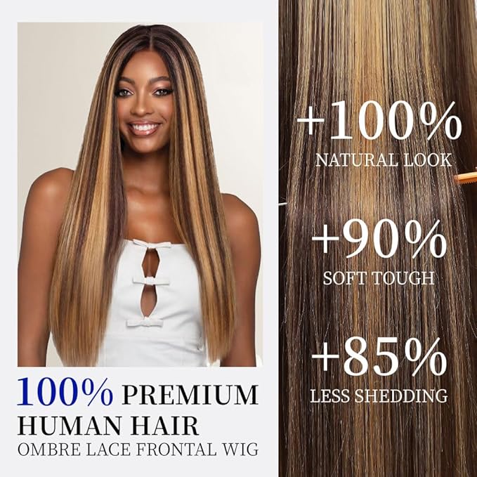 4/27 Ombre Lace Front Wig Human Hair Straight HD Lace Frontal Wig 13x6 Pre Plucked Tangle-Free 200 Density Honey Blonde Highlight Wig 20 Inch More Longer Life No Tangle No Shedding