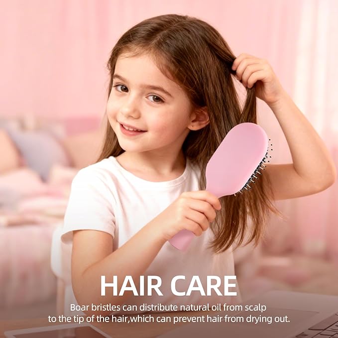 Boar Bristles Hair Brush for Women and Men, Detangling Hair Brush for Smoothing Massage Add Shine, Nylon&Boar Bristles Detangler brush for Hair Healthy (Medium-Pink)