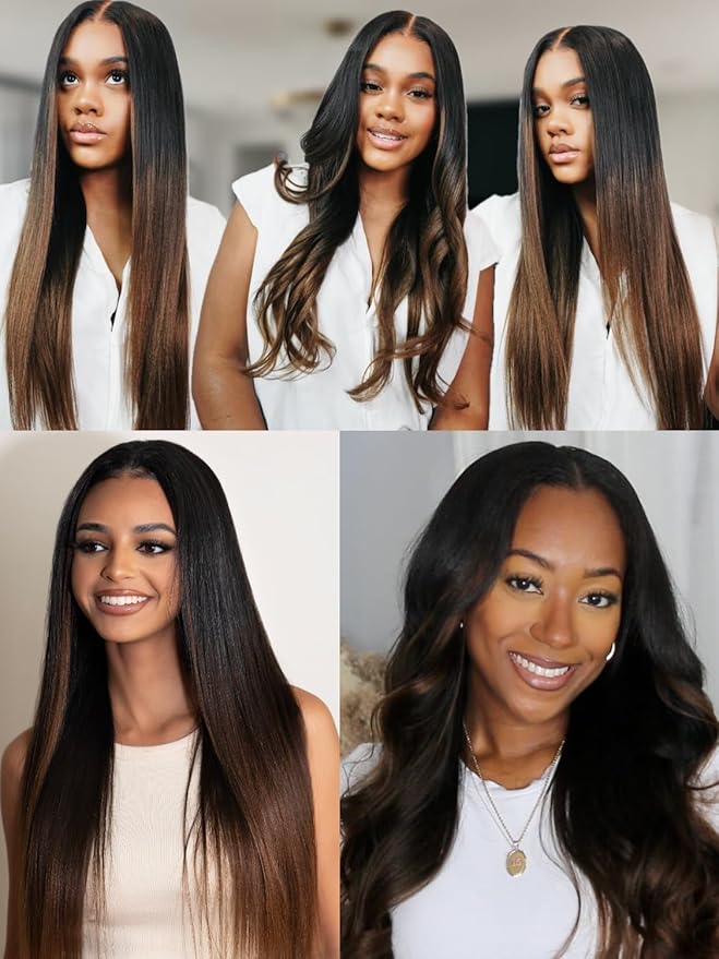 Julia Hair Chestnut Brown Ombre Yaki Straight 7x5 Pre Cut HD Lace Put On and Go Wig Bye Bye Knots Glueless Human Hair Wigs with Invisi Drawstring Pre Plucked Bleached Knots Beginner Friendly 26 Inch