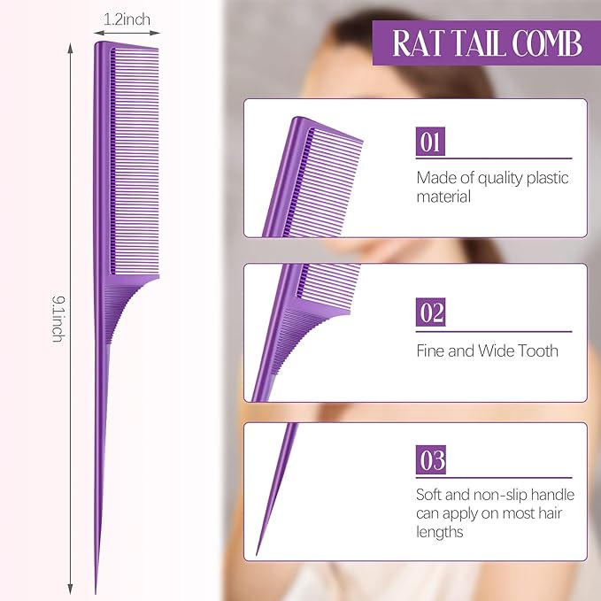 2 Pack Rat Tail Combs for Women Fine Tooth Comb Parting Tip Carbon Fiber Root Teasing Anti Static Heat Resistant Adding Volume Evening Hair Styling (Purple)