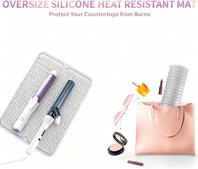 Heat Mat for Curling Iron, Oversize Silicone Resistant Mat for Hair Tools, Hot Pad for Hair Straightener, Flat Irons and Hot Hair Styling Tools Home Kitchen Travel Gym Salon Grey (15.7" x 11.8")