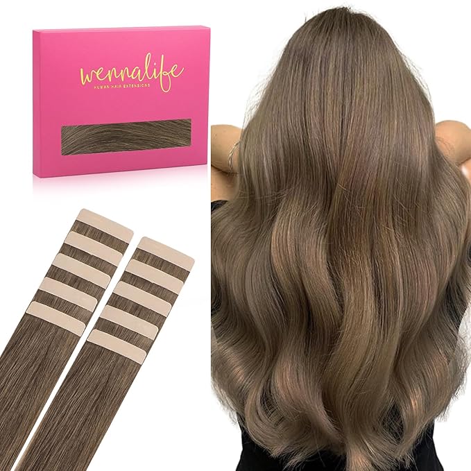 WENNALIFE Tape in Hair Extensions Human Hair Light Ash Brown 10pcs 30g 26 inch Remy Invisible Tape Ins Straight Colored Soft Real Human Hair Tape in Extensions Refill Set