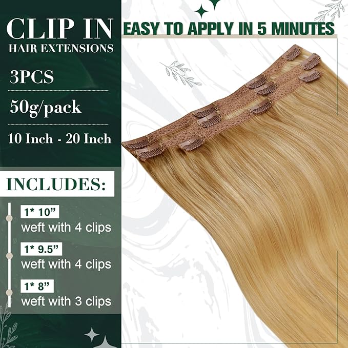 RUNATURE Clip in Hair Extensions Real Human Hair Blonde, Short Hair Extensions Clip Ins 10 Inch, Remy Human Hair Clip in Extensions, Add Hair Volume, 50g 3pcs #16P24 Golden Blonde Highlights