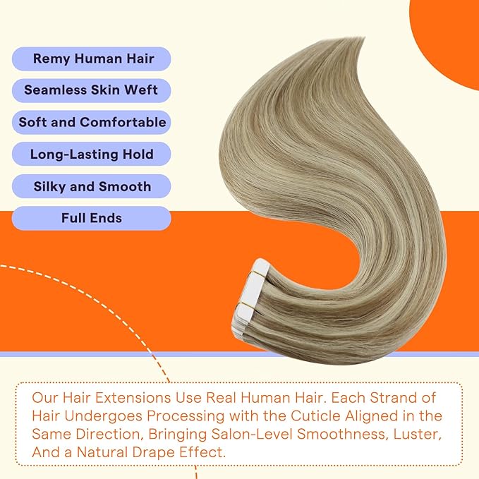 Full Shine Tape in Hair Extensions Human Hair 18 Inch Color 16 Highlight 22 Blonde Invisible Tape in Extensions 50 Grams Human Hair Extensions Tape Ins 20 Pieces for Wedding