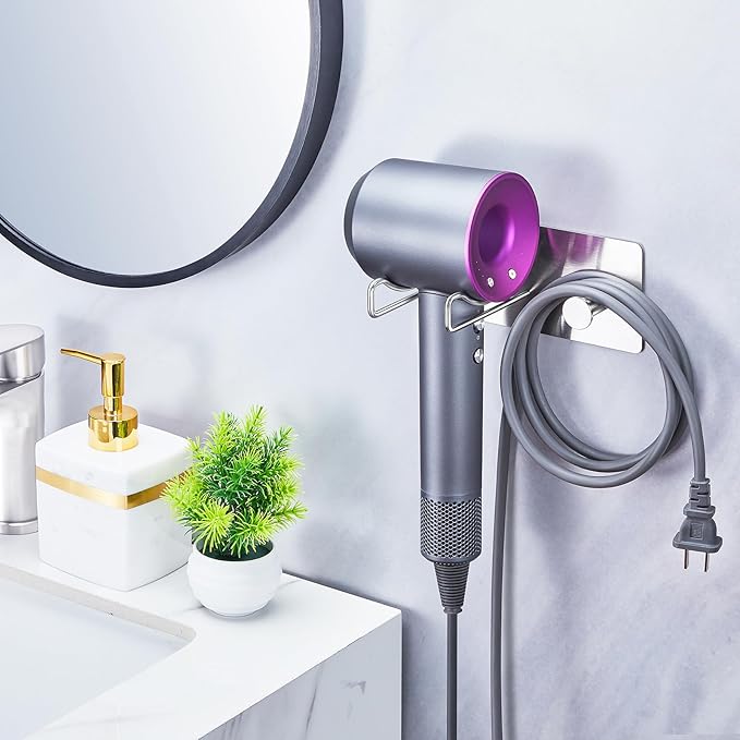 Blow Dryer Holder Wall Mounted, Hair Dryer Holder, Stainless Steel Hair Tool Organizer, Adhesive Hair Dryer Hook for Wall, Bathroom Hairdryer Holder for Blowdryer Storage