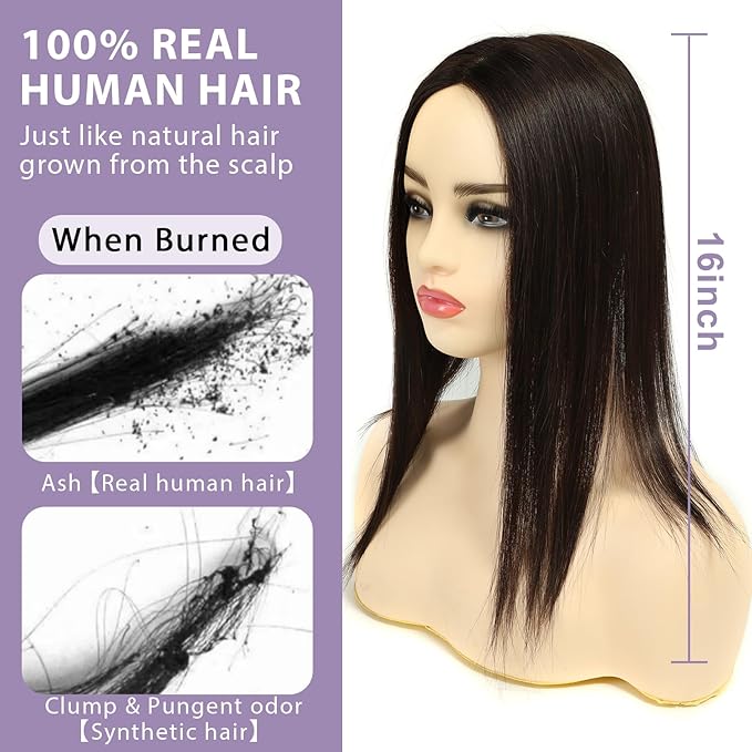 Hair Toppers for Women Real Human Hair, 3x5 Inch Injected Silk Base No Bangs 16 Inch Length 130% Density Hairpieces #1C Natural Black (Subtle Red Undertones in Sunlight)