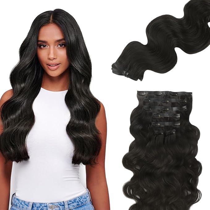 Lashey Seamless Clip in Hair Extensions Human Hair, 7pcs 110g Body Wave 24 Inch #1B Natural Black Remy Human Hair Extensions with Soft Invisi Edge