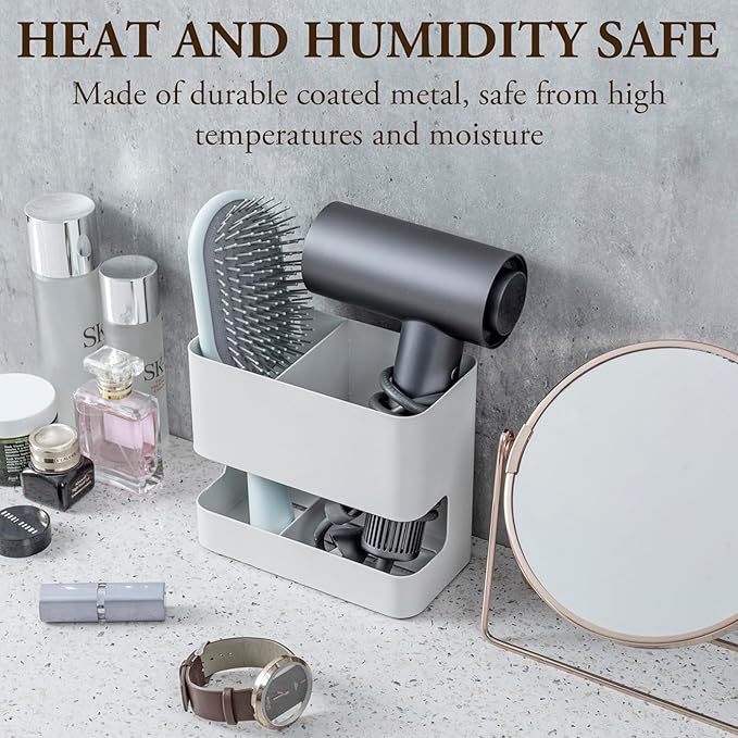 MyGift Modern Wall Mounted White Metal Hair Styling Tools and Accessories Holder with 2 Slots and Divided bottom Tray, Salon Hot Tool Organizer Rack for Blow Dryer Straightener Curling Iron