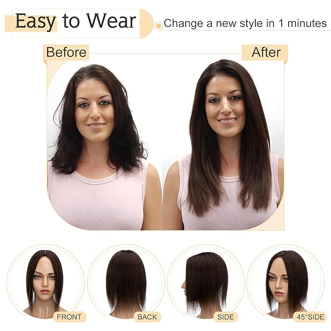 SEGO Human Hair Toppers for Women With Thinning Hair, 7 * 13CM Silk Base 100% Real Human Hair Clip in Top Wiglet Hairpieces -6 Inch No Bangs Dark Brown
