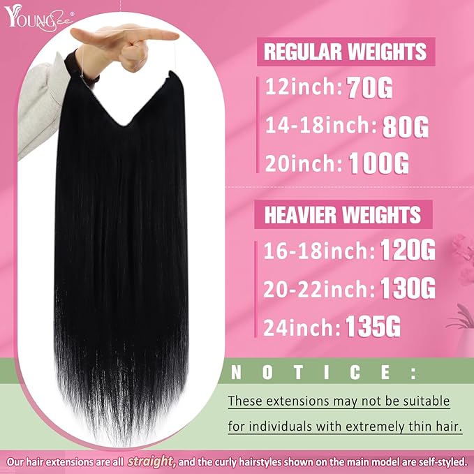 YoungSee 120G Wire Hair Extensions Human Hair Black Invisible Wire Hair Extensions Jet Black Headband Hair Extension for Women 16Inch