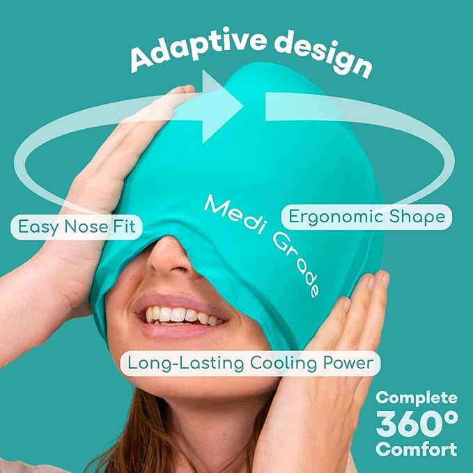 Medi Grade Migraine Relief Cap - Cooling Compression Headache Relief Cap with Full Coverage - Soft Flexible Fabric Gel Migraine Cap That Blocks Light, Reusable Migraine Mask for Cold Therapy