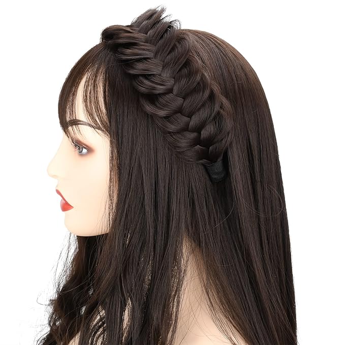 DIGUAN Wide Messy Braided Headband With Teeth Synthetic Hair Plaited Headband High Elasticity Braids Chunky Fishtail Braided Hair Band Hairpiece for Girls Women (Medium Brown)