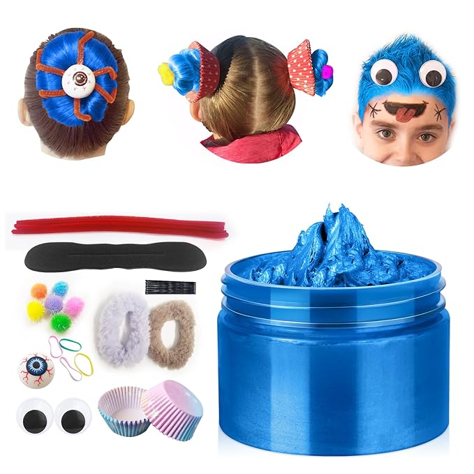 Blue Temporary Hair Color Wax Kit for teenagers,Crazy Hair Day Accessories, Gifts for Kids,Instant Hair Dye Color Wax for Party, Cosplay, Halloween, Christmas,Washable Crazy Hair Style