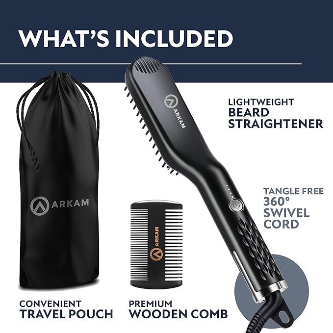 Arkam Beard Straightener for Men - Original Heated Beard Brush Kit w/Anti-Scald Feature, Dual Action Hair Comb and Travel Bag for Short to Medium Beards -Costume Accessories and Grooming Gifts for Men