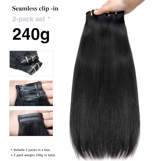 Yaki Straight Clip in Hair Extensions Real Human Hair 2 Pack 240g Seamless for Women Full Max with 16Pcs Remy Human Hair Extensions PU Skin Weft 24inch Natural Black