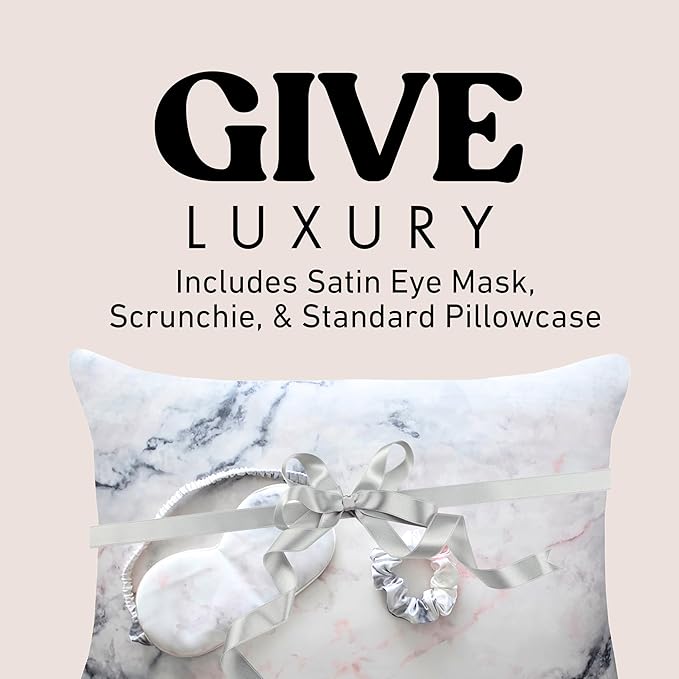 Satin Pillowcase Gift Set for Women – Grey Ivory, Silky Soft, Reduces Frizz | Includes Satin Eye Mask & Scrunchie | for Curly Hair, Sensitive Skin | Gift for Mom, Daughter, Girlfriend