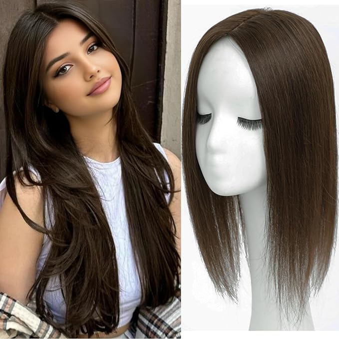 Hair Toppers for Women Real Human Hair, 360° 3D Human Hair Toppers for Women with Thinning Hair Upgrade Middle Part Clip in Bangs (Mocha Brown NEW, 16 Inch-3D-Side)