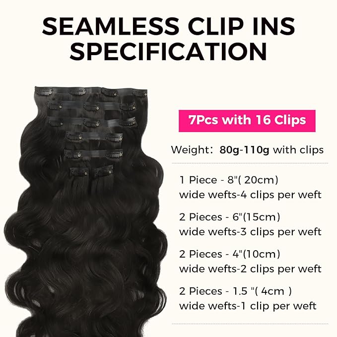 Lashey Clip in Hair Extensions Real Human Hair 110g Body Wave 7pcs Seamless Clip in Hair Extensions, 18 Inch #1B Natural Black 100% Real Soft Human Hair for Black Women