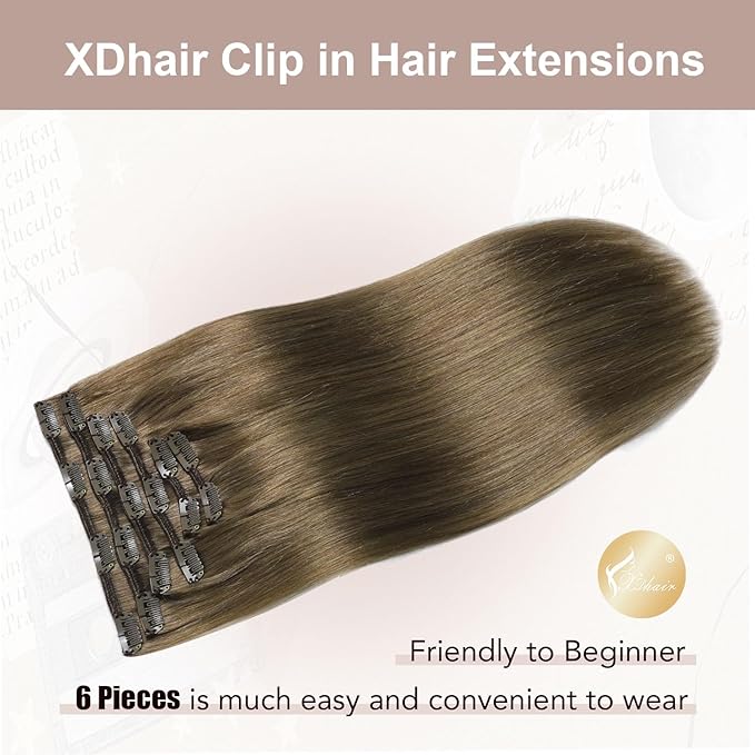 XDhair Clip in Hair Extensions 100g 14Inch Ash Brown Clip in Human Hair Extensions Straight Clip In Real Hair Extension for Women (#8,14Inch)