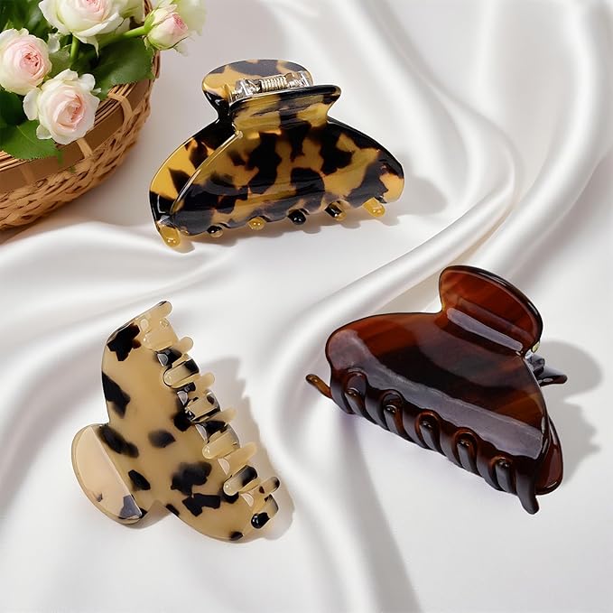 3 Pack Women's Hair Clips Set brown - Vintage Tortoise & Leopard Print Non-Slip Claw Clips, Celluloid Jaw Clamps for Medium Hair Hair Accessories Gift for Women
