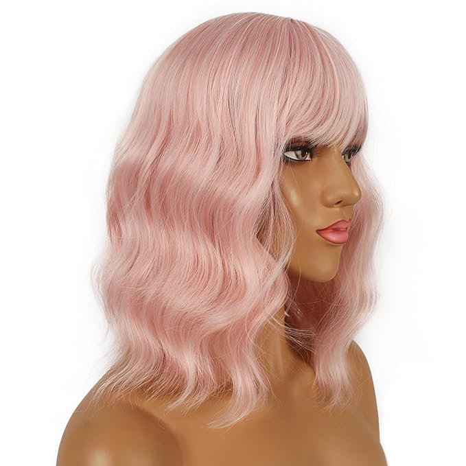 Short Bob Wigs with Bangs for Women Loose Wavy Wig Curly Wavy Shoulder Length Bob Synthetic Cosplay Wig for Girl Colorful Costume Wigs (Peach Fuzz)