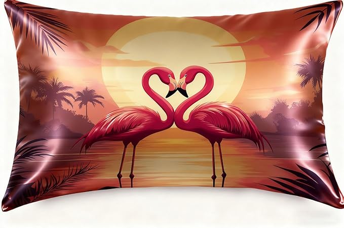 Pink Flamingos 1 Pack Satin Pillowcase for Hair and Skin Orange and Pink Sunset Imitation Silk Pillowcase with Hidden Zipper Soft Breathable Pillow Cover Standard Size for Bedroom Sofa 20”x26”