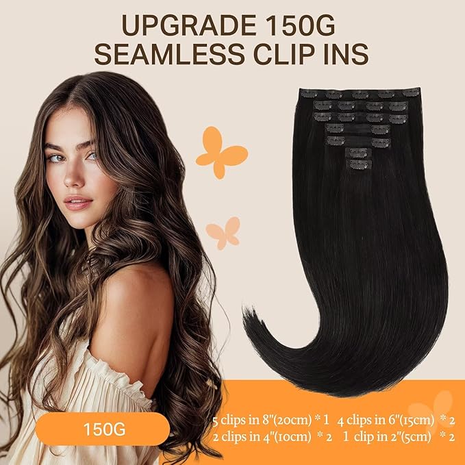 DOORES Clip in Hair Extensions, Natural Black 130g 9pcs 14 Inch, Virgin Human Hair Clip in Extensions Invisible Edge Natural Weft Gift for Girl