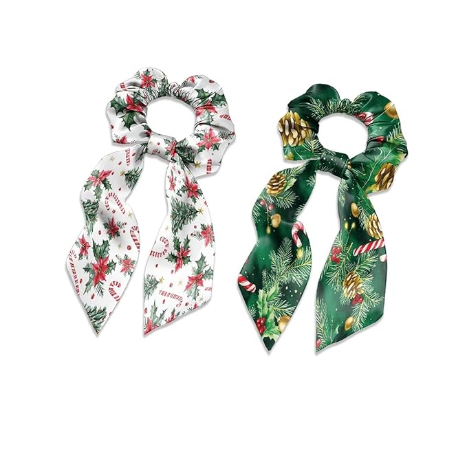 2 Piece Christmas Elastic Ribbon Bow Hair Ties Candy Cane Holly Knotted Bow for Ponytail Fashion Bow Hair Scrunchies with Flowing Tails No Damage
