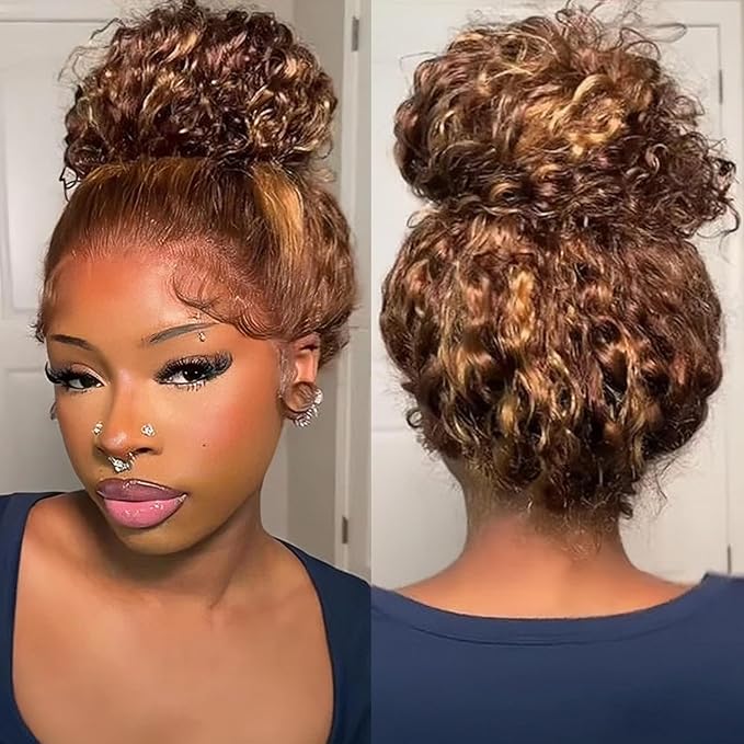 Hidden Strap 360 Deep Wave Lace Front Wigs Human Hair 220% Density Honey Blonde Curly Human Hair wig Ombre Water Wave 4/27 Highlight Lace Front Wigs Pre Plucked Wet And Wavy Wig for Women 24 Inch