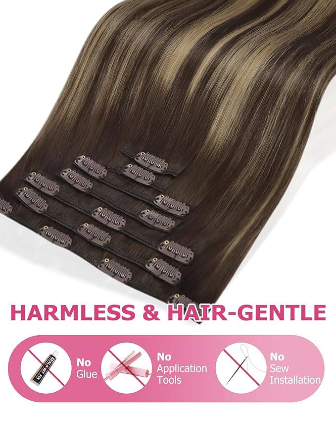 YoungSee 150G Clip in Human Hair Extensions Balayage Chocolate Brown Mix Caramel Blonde Long Straight Hair Extensions Clip ins Reusable Clip Hair Extension Human Hair Long 22inch 7pcs